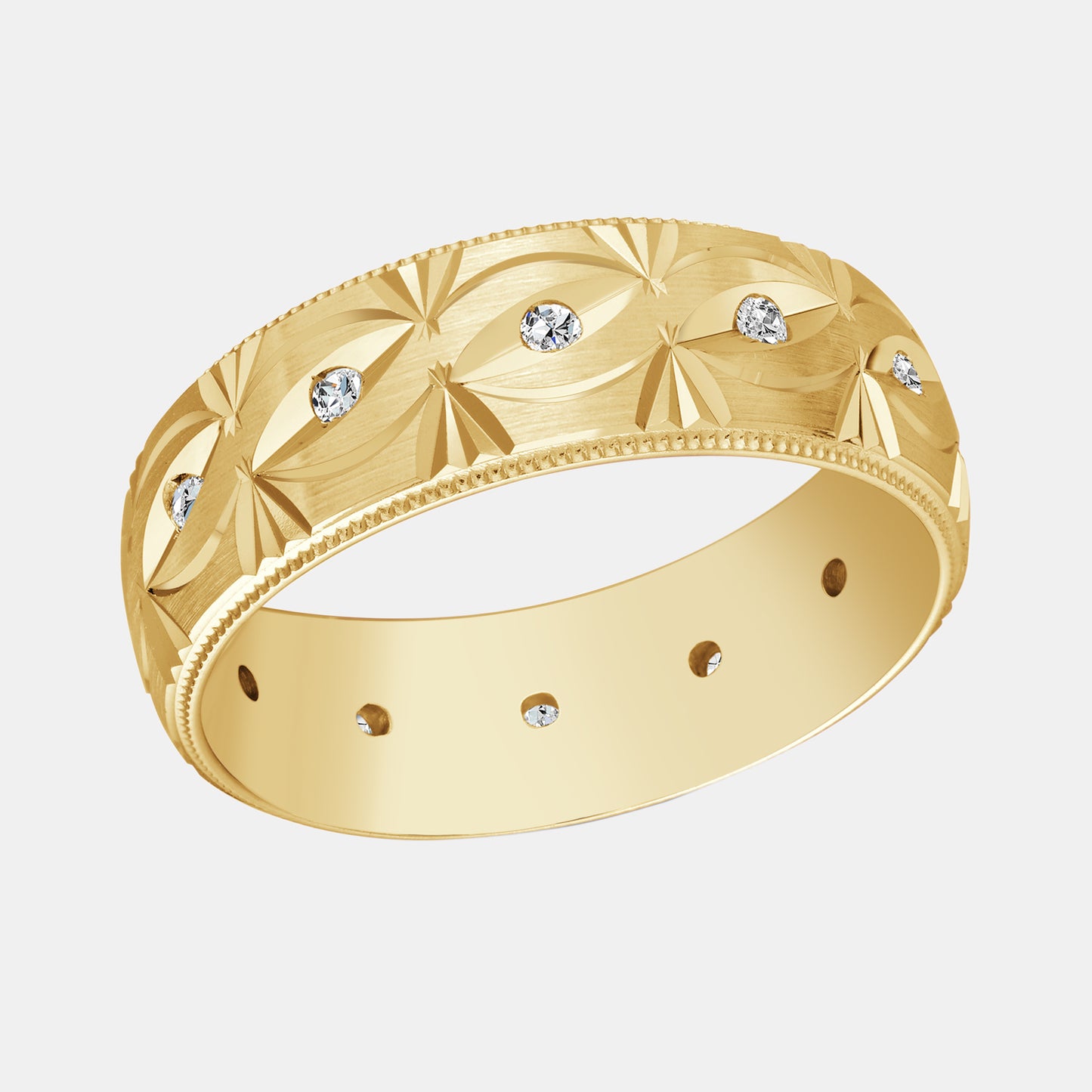 Carved Patterned Diamond Ring - JMD-827 - 1.20 CTTW - Round Diamond - 14K Yellow Gold