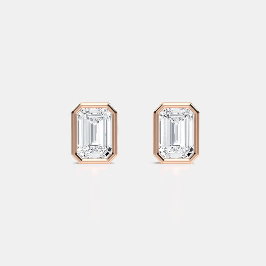 Emerald Lab Grown Diamond Bezel Studs Earrings in Basket Setting - 0.50 CTTW - Emerald Diamond - 14K Rose Gold