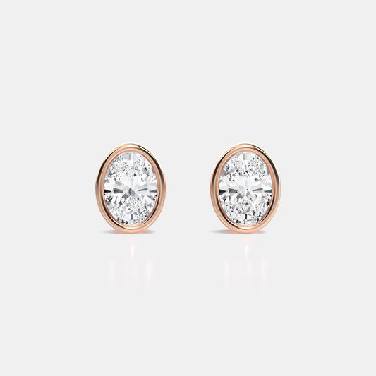 Oval Lab Grown Diamond Bezel Studs Earring in Basket Setting - 0.50 CTTW - Oval Diamond - 14K Rose Gold