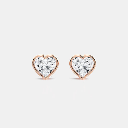 Heart Lab Grown Diamond Bezel Studs Earring in Basket Setting - 0.50 CTTW - Heart Diamond - 14K Rose Gold