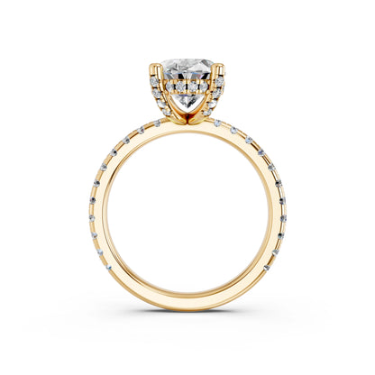 OVAL HIDDEN HALO WITH SIDE STONE PAVE BAND RING