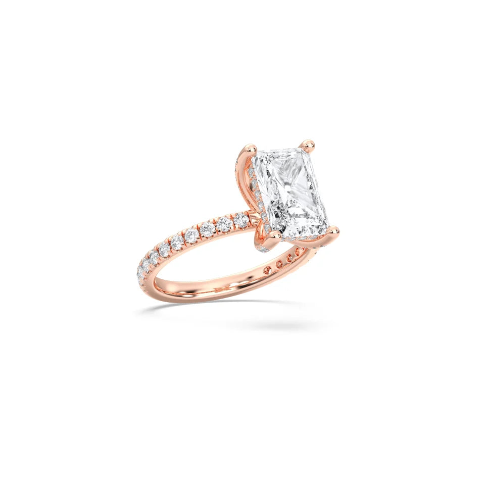 RADIANT HIDDEN HALO WITH SIDE STONE PAVE BAND RING