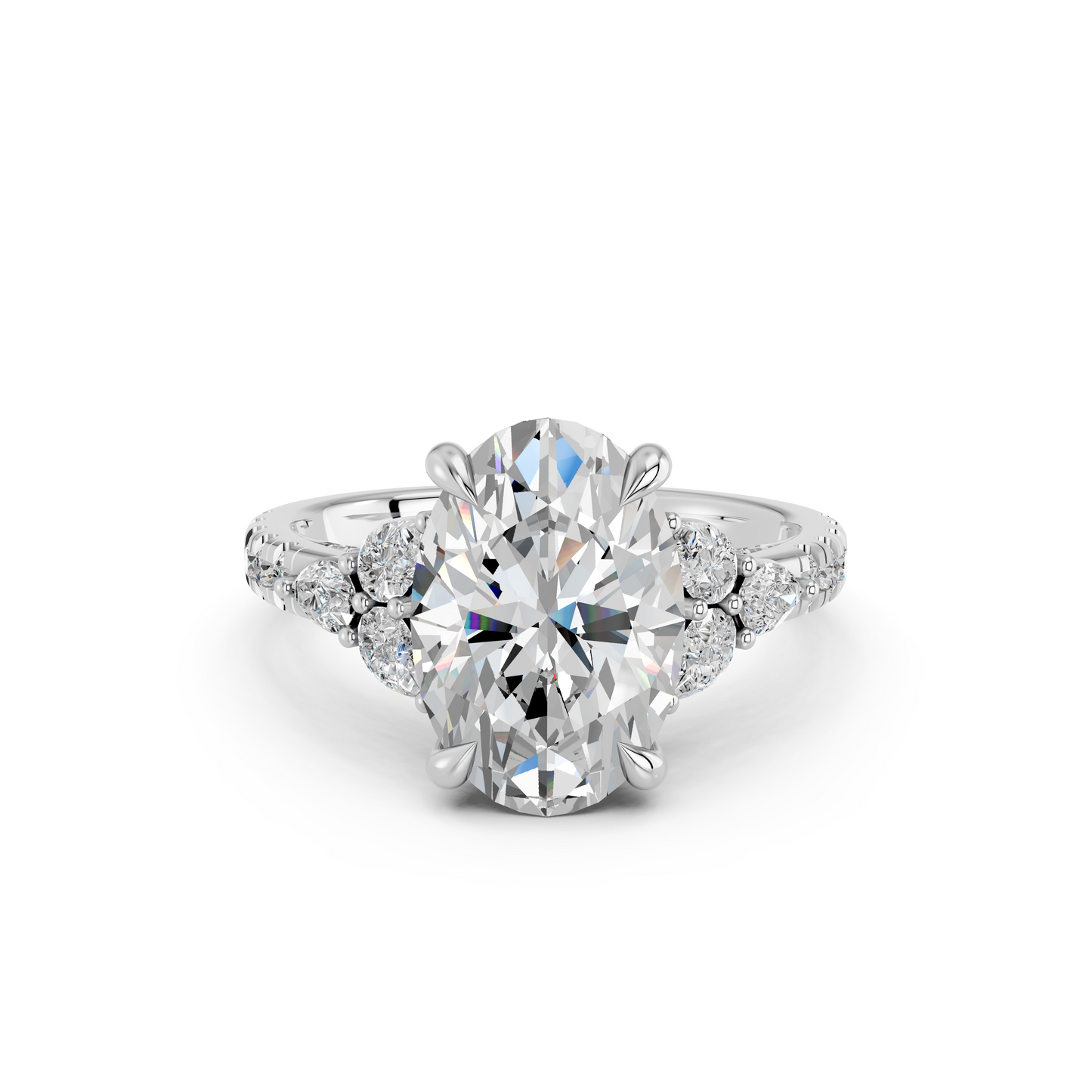 OVAL ENGAGEMENT RING WITH FLORAL SIDE CLUSTERS
