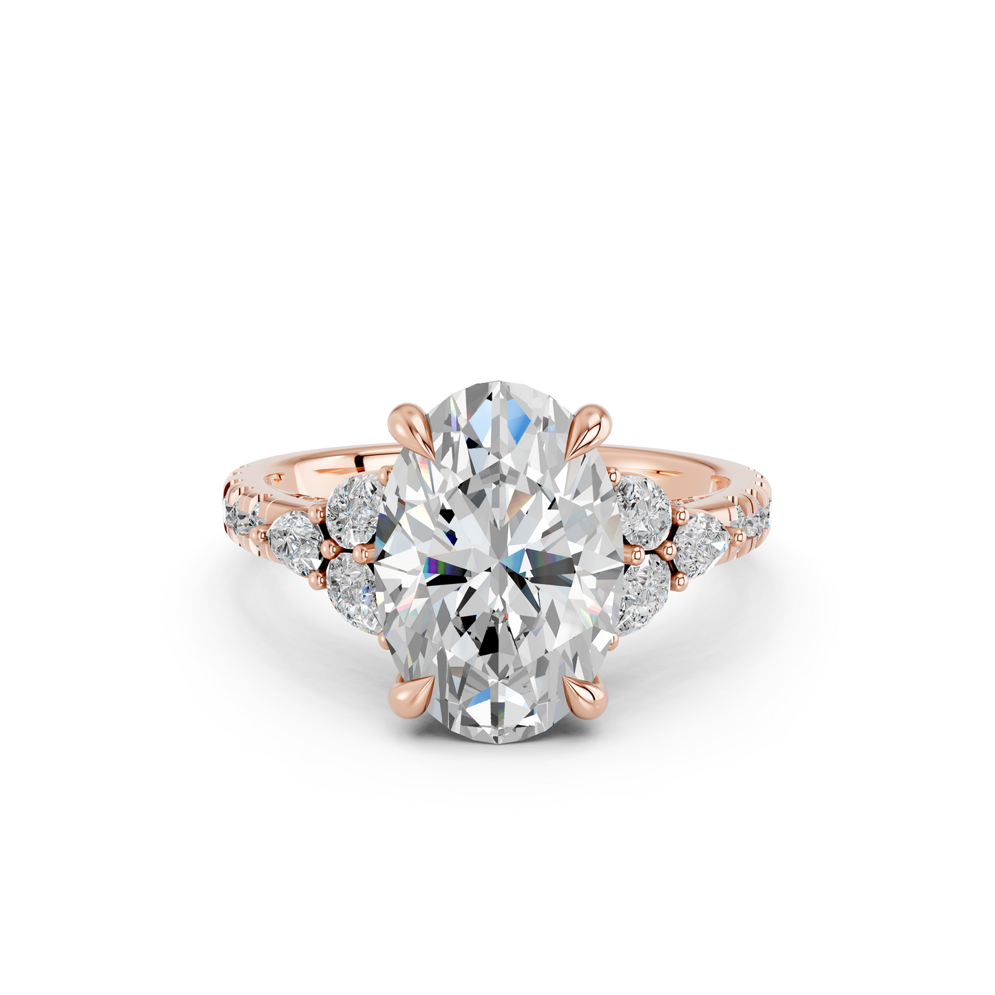 OVAL ENGAGEMENT RING WITH FLORAL SIDE CLUSTERS