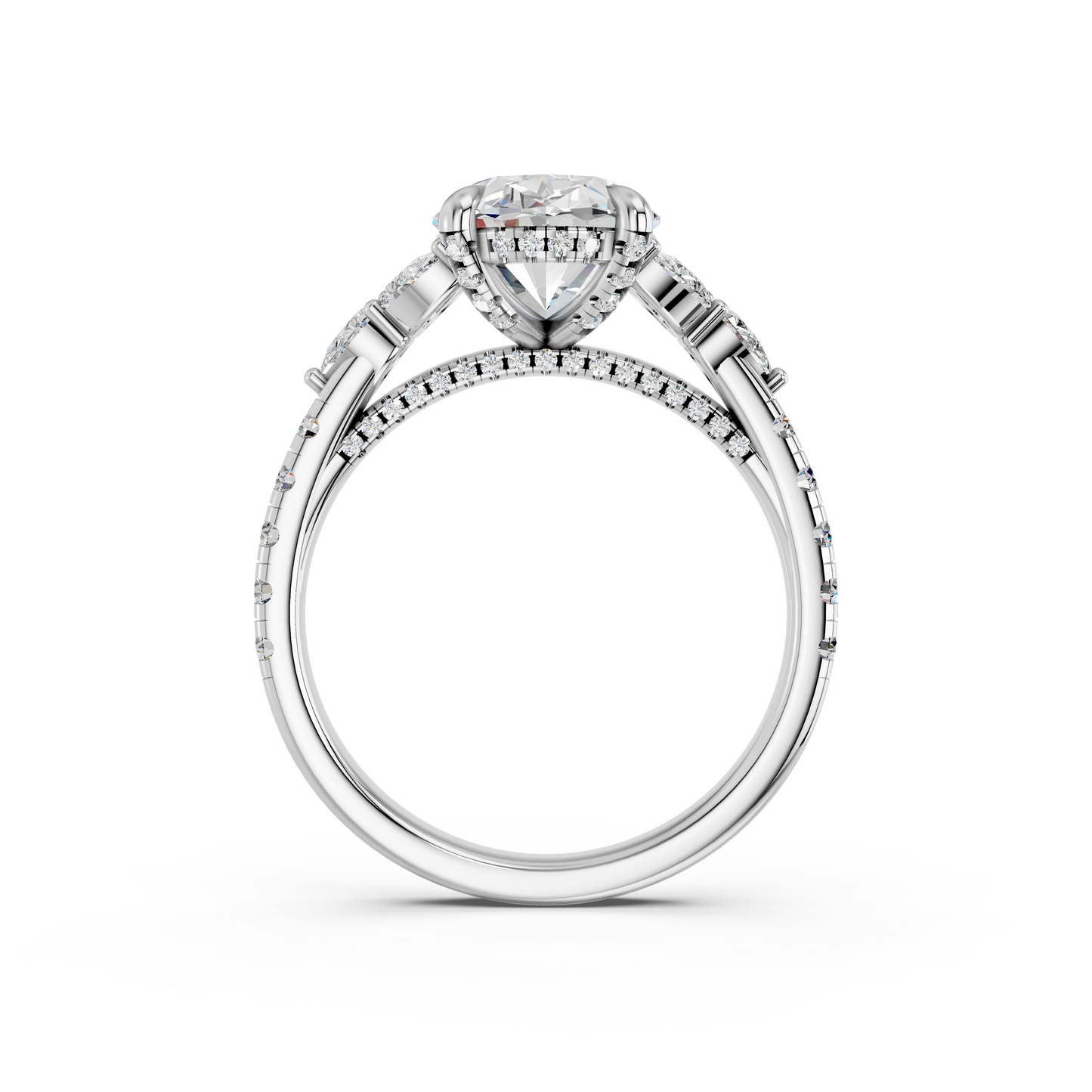 OVAL ENGAGEMENT RING WITH FLORAL SIDE CLUSTERS