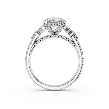 OVAL ENGAGEMENT RING WITH FLORAL SIDE CLUSTERS