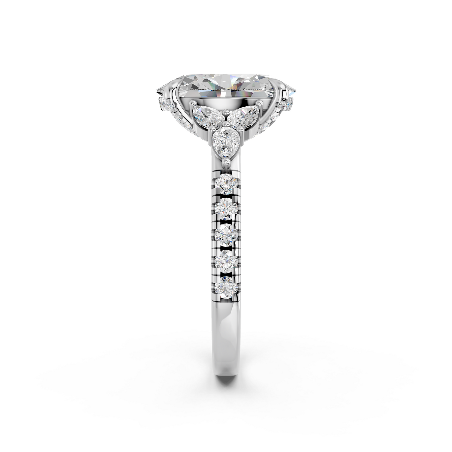 OVAL ENGAGEMENT RING WITH FLORAL SIDE CLUSTERS