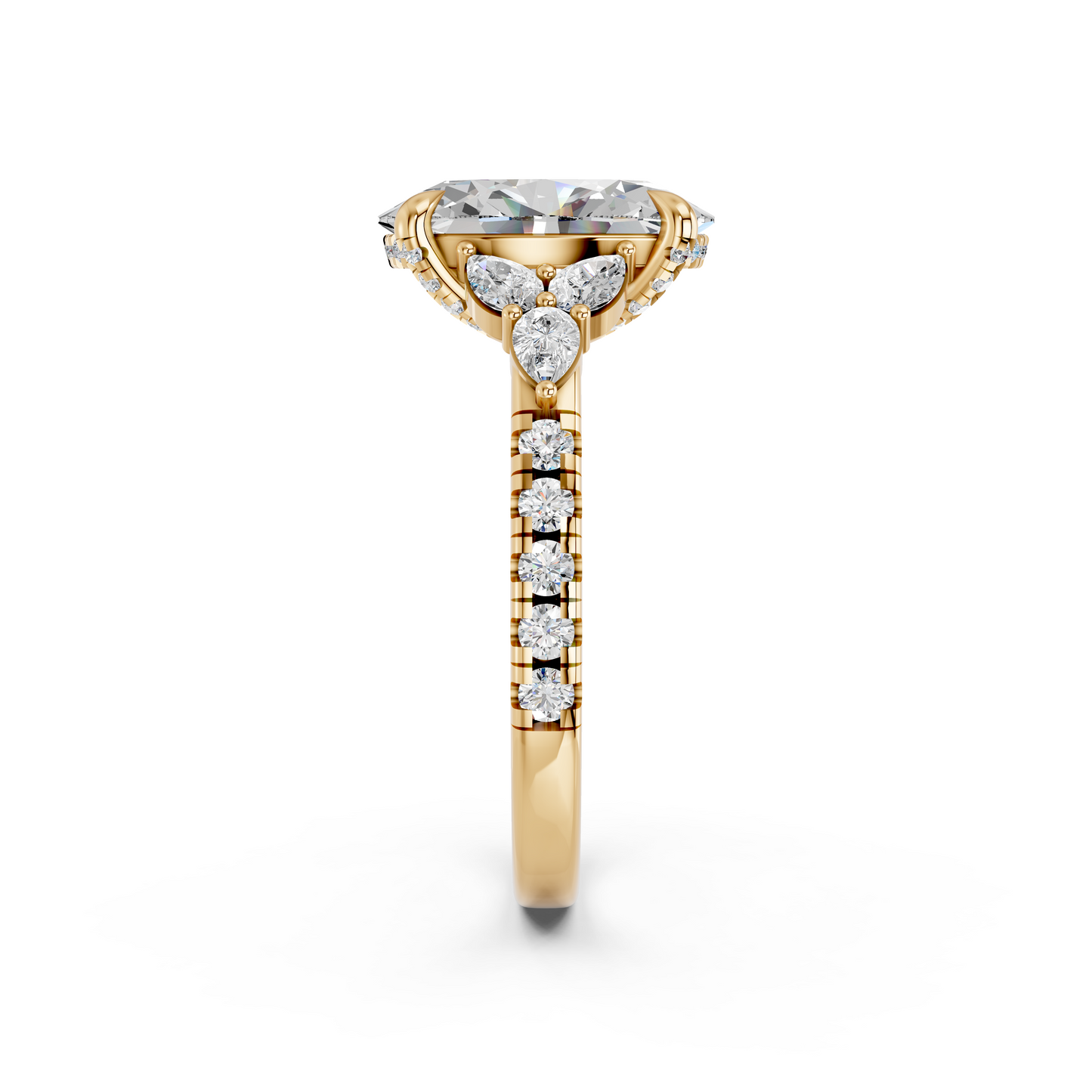 OVAL ENGAGEMENT RING WITH FLORAL SIDE CLUSTERS