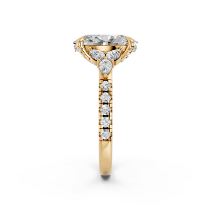 OVAL ENGAGEMENT RING WITH FLORAL SIDE CLUSTERS